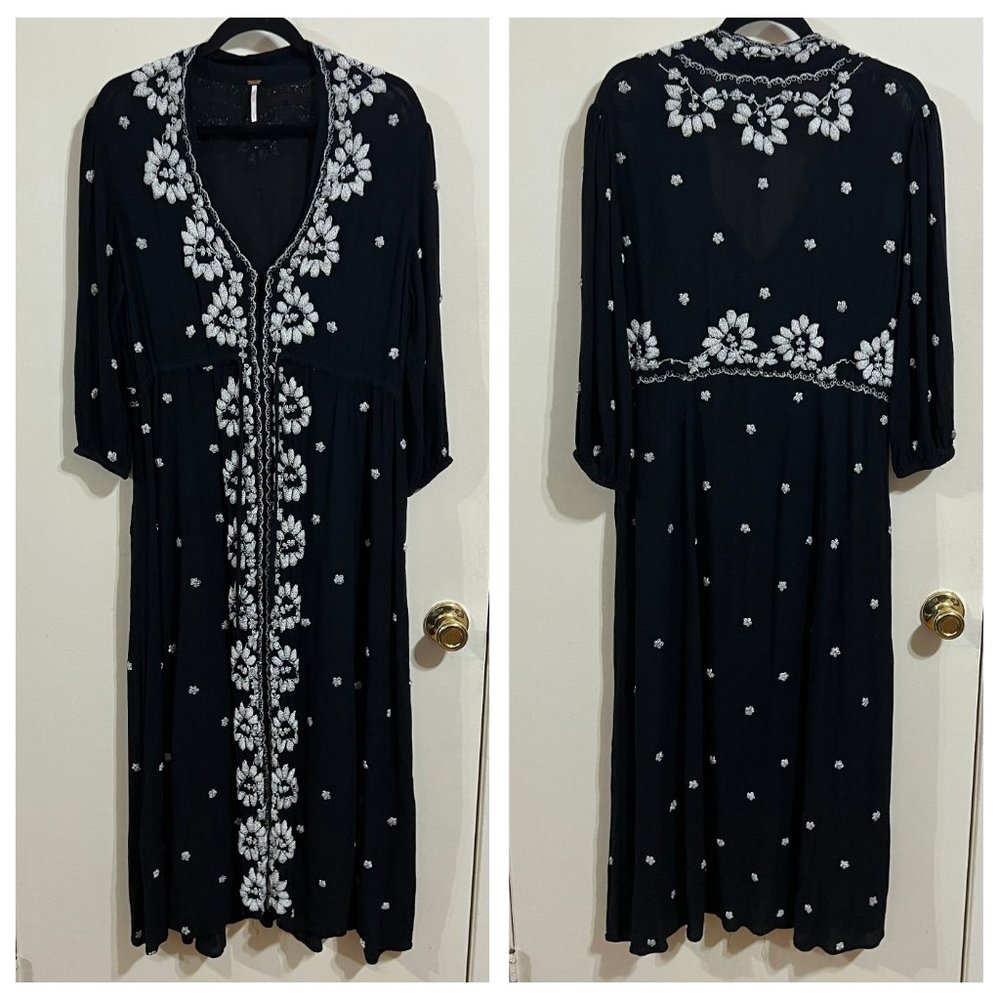 Free People Embroidered Fable Midi Dress Size Medium Black White 3/4 Sleeve